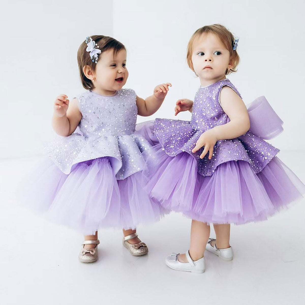 Purple O-Neck Sleeveless Sequin Flower Girl Dress With Bow D115