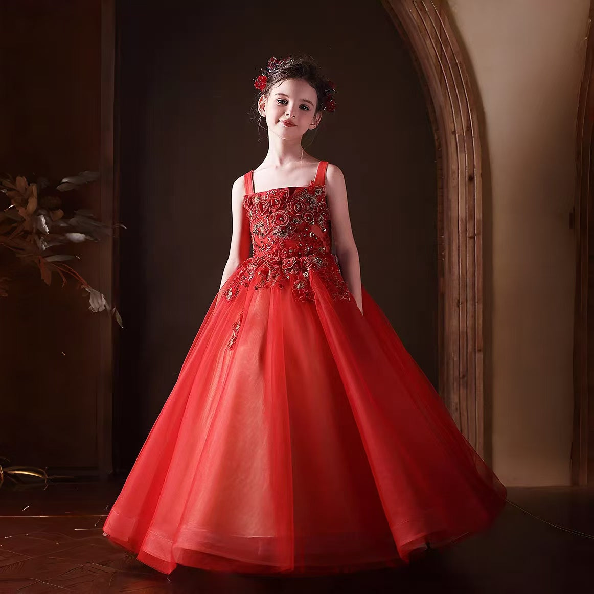 Red Girl Dress Square Collar Princess Birthday Pageant Party Gown J326