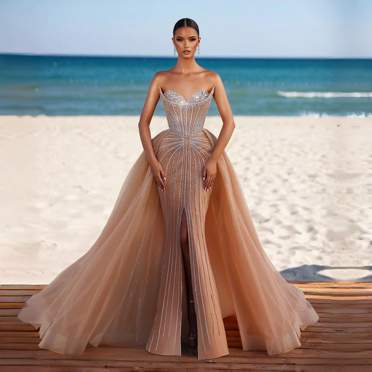 Strapless champagne evening dress with overskirt SS360