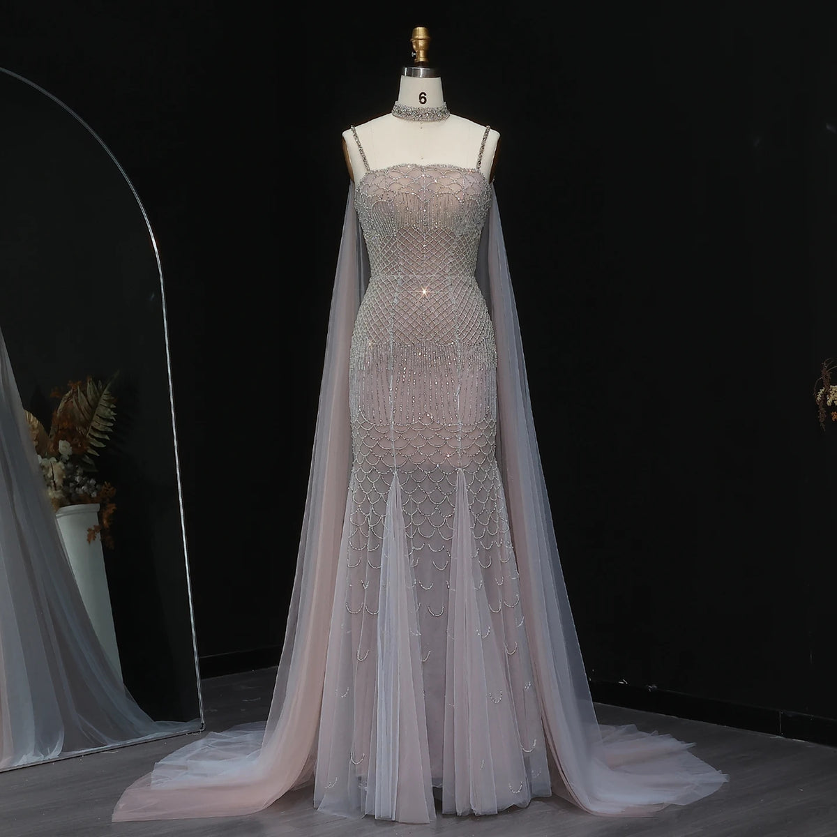 Elegant Beaded Lotus Pink Mermaid Evening Gown with Sheer Cape Choker SS509
