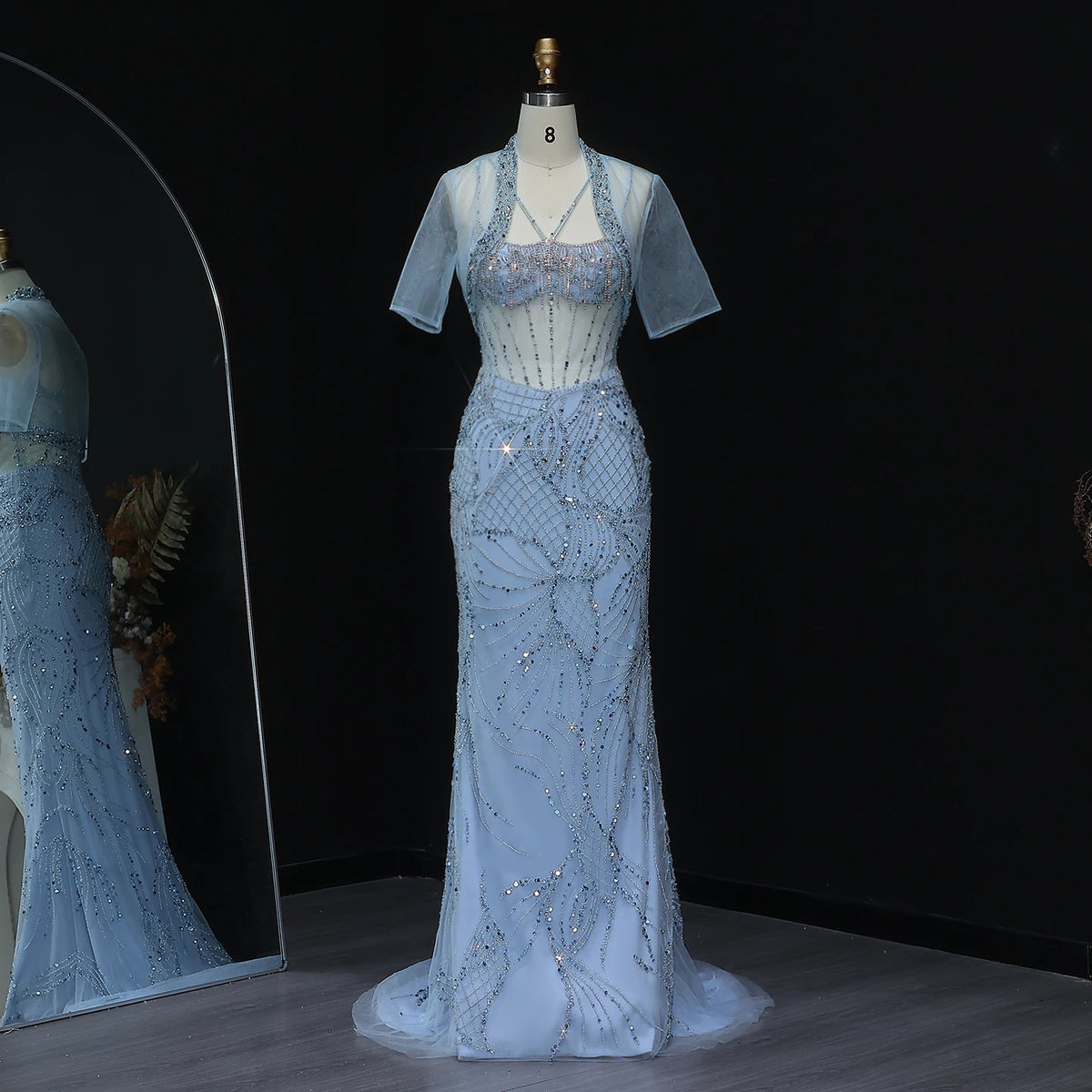 Luxury Beaded Dubai Light Blue Mermaid Evening Dress with Jacket Strap SS192