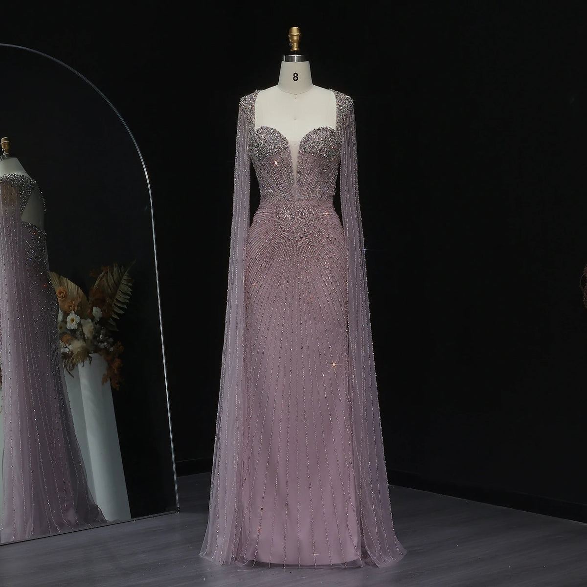 Beaded Nude Dubai Dress with Cape Sleeves Pink Arabic Gown SS194