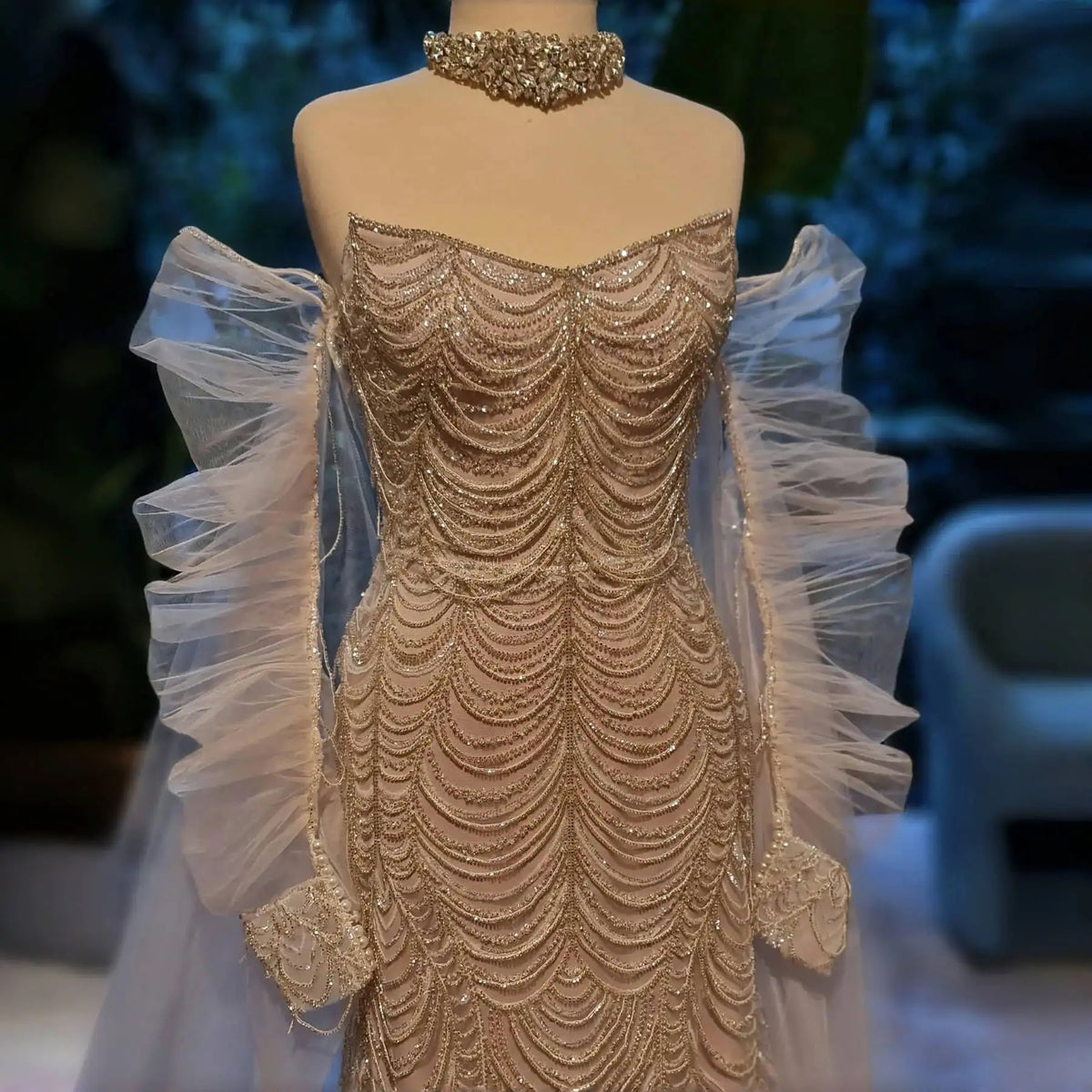 Beaded Tassel Arabic Evening Dress, Wedding Gown SS535