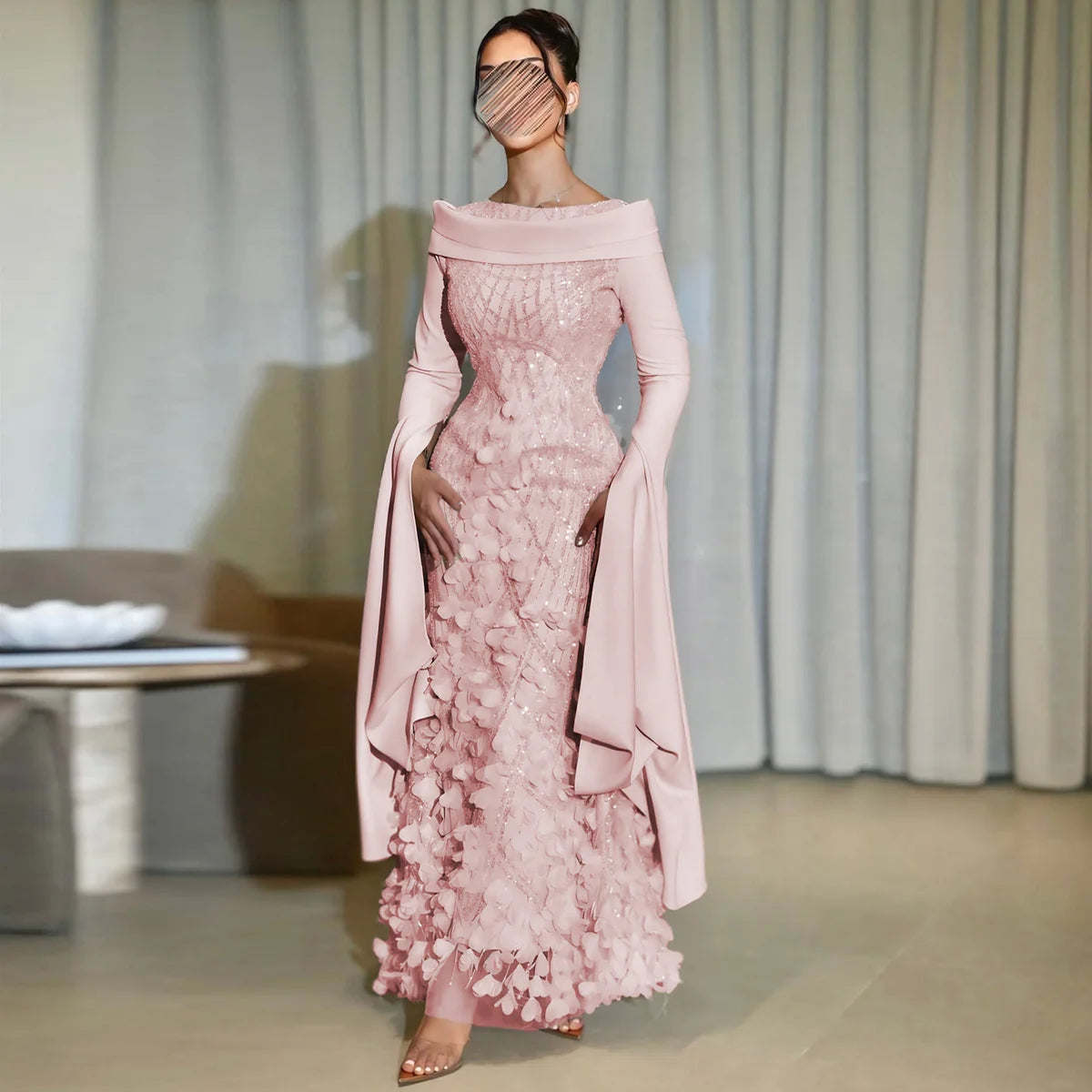Romantic 3D Floral Evening Dress with Cape Sleeves SS272