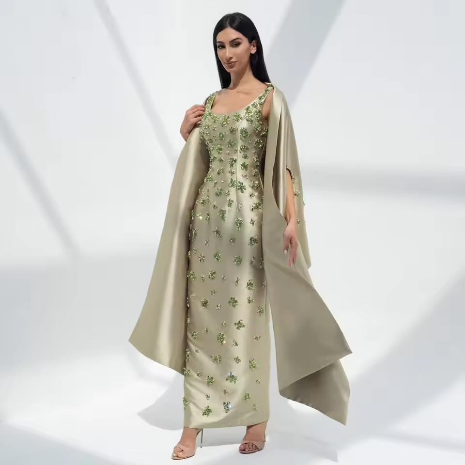 Chic Sage Green Satin 3D Floral Beaded Arabic Evening Dress with Cape SS536