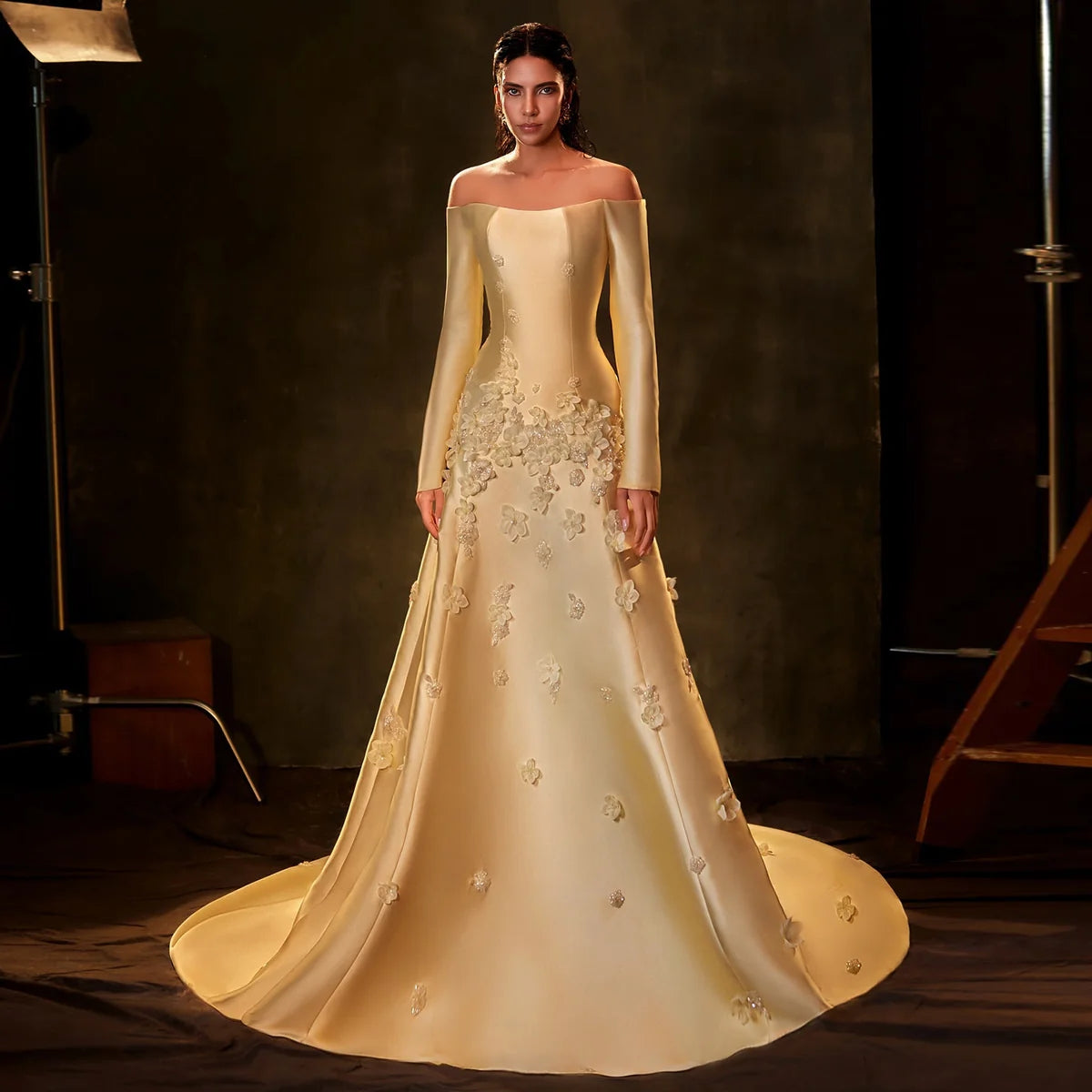 Elegant off-the-shoulder yellow evening dress with 3D flower embellishments SS537