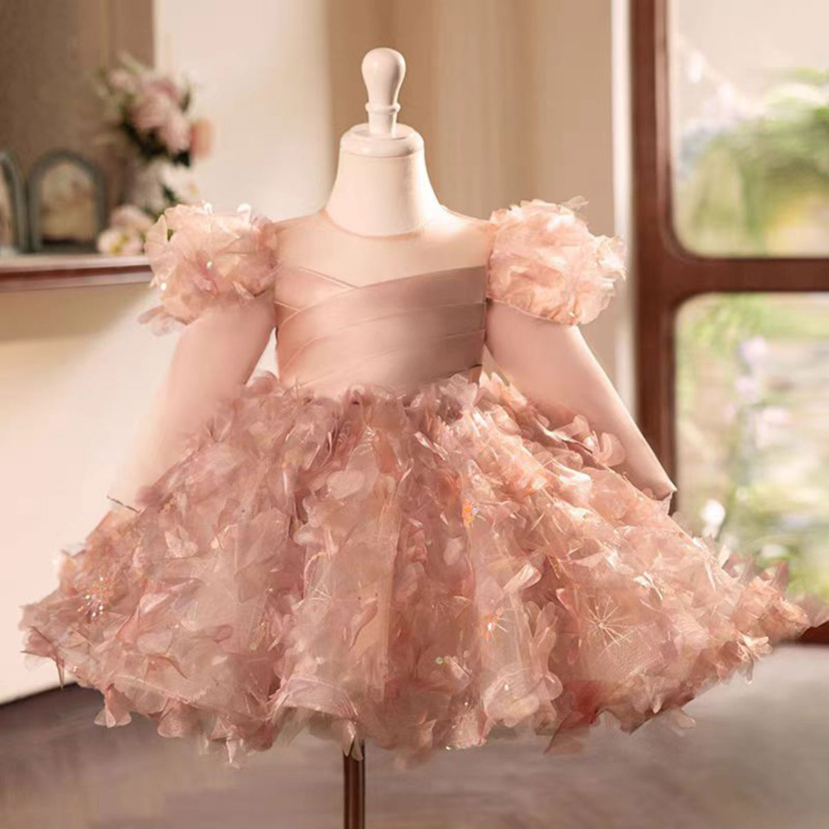 Pink Flower Princess Girl Dress Satin Feathers Kids 1st Birthday Party J475