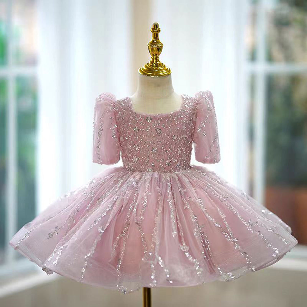 Adorable Square Collar Sequined Girl Dress With Tulle Pink J793