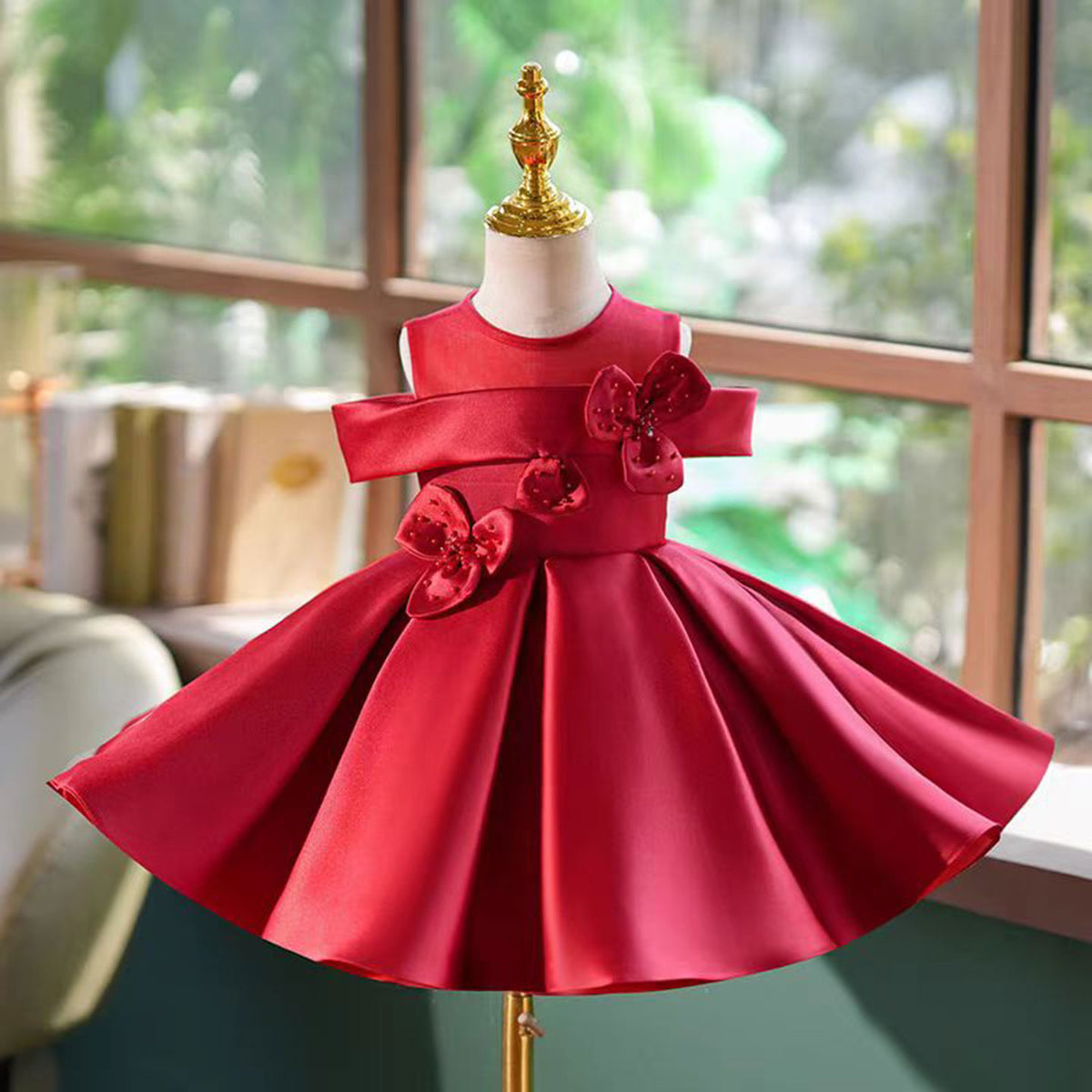 O-Neck Applique Satin Flower Baby Girl Dress Burgundy J798