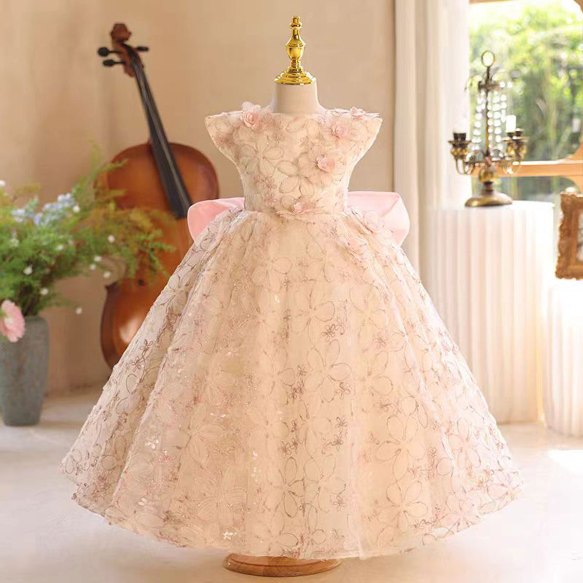 Applique Embroidered 3D Flowers Girl Dress With Bow Sleeveless J801