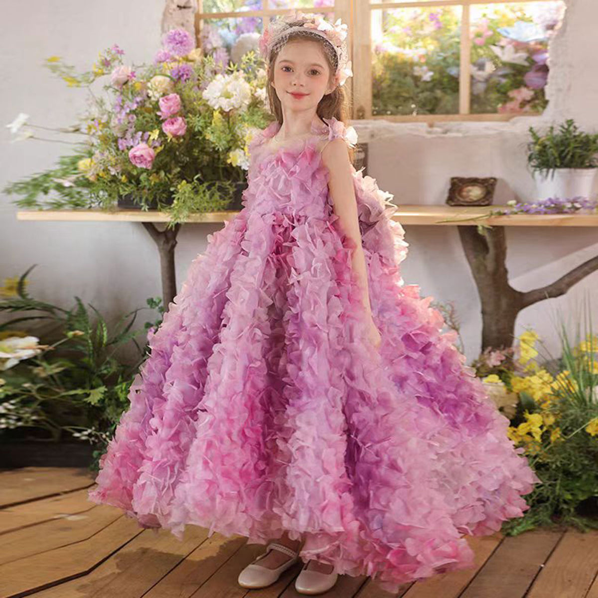 Luxury Fuchsia Flower Girl Long Dress Kids Wedding Pageant Party J288