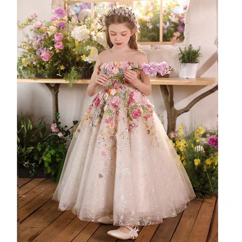 Luxury Floral Flower Girl Dress for Kids Wedding Pageant Party J292A