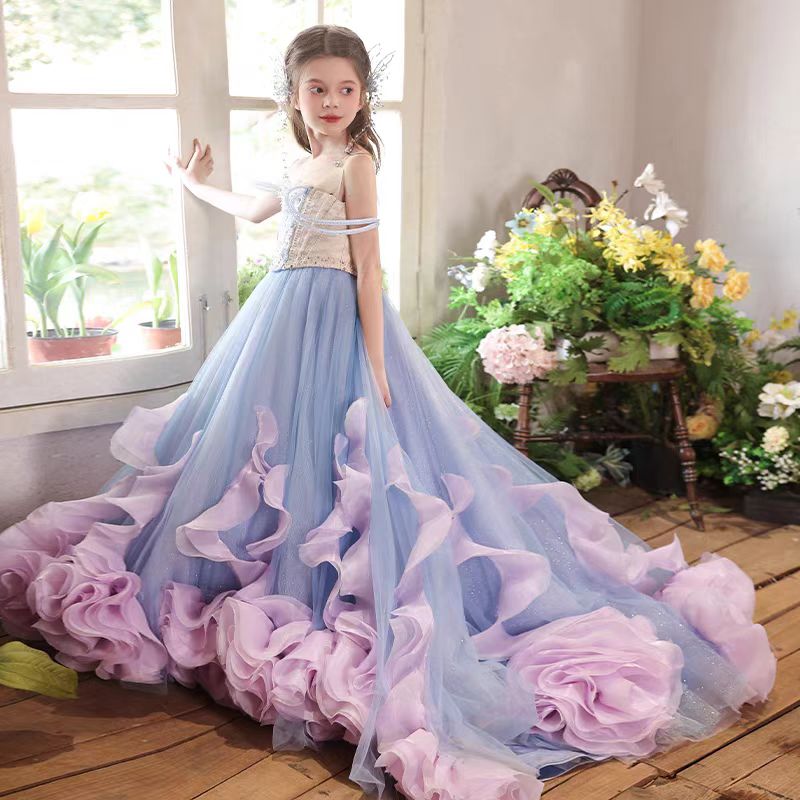 luxury girls' special occasion dresses Luxury Blue Flower Girl Dress Kids Wedding Pageant Party Long Train J0 –  Jill Wish