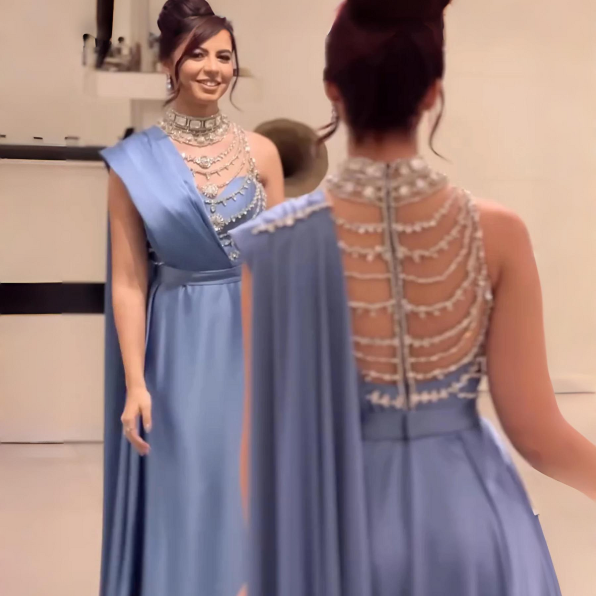 Elegant Blue Luxury Crystal Arabic Evening Gowns with Cape SS300