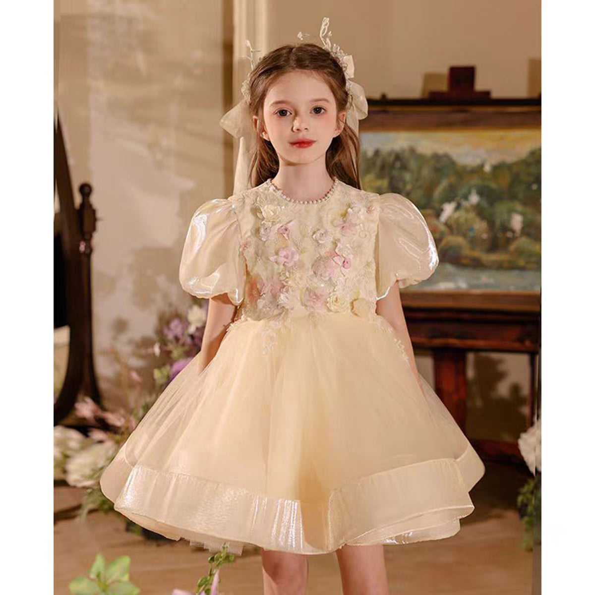 Adorable Applique Pearl Tulle Flower Girl Dress Champagne J504