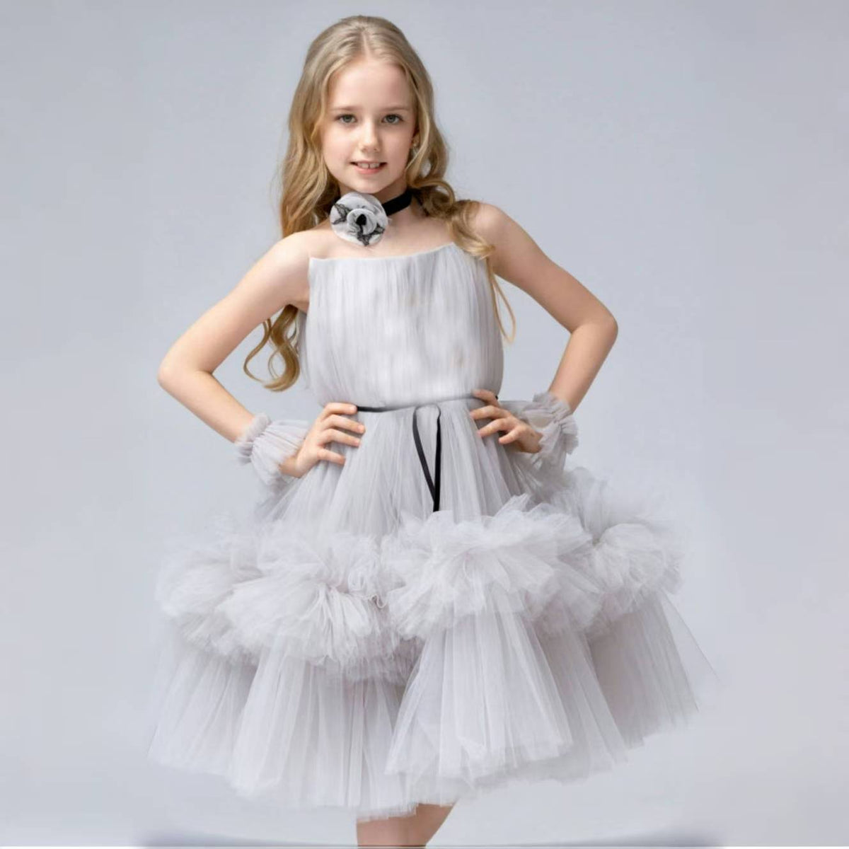 A-Line Strapless Lace Tulle Gray Flower Girl Dress J867