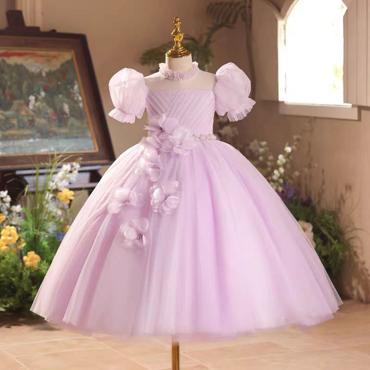 Applique Pearl Waist Adornment Tulle Pink Flower Girl Dress D020