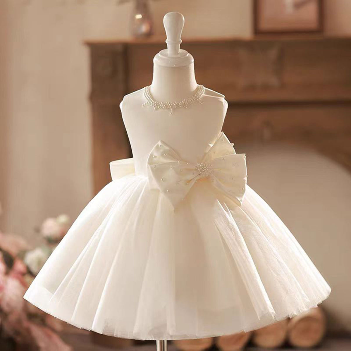 Satin Top Tulle Sleeveless Girl Dress With Pearl D024