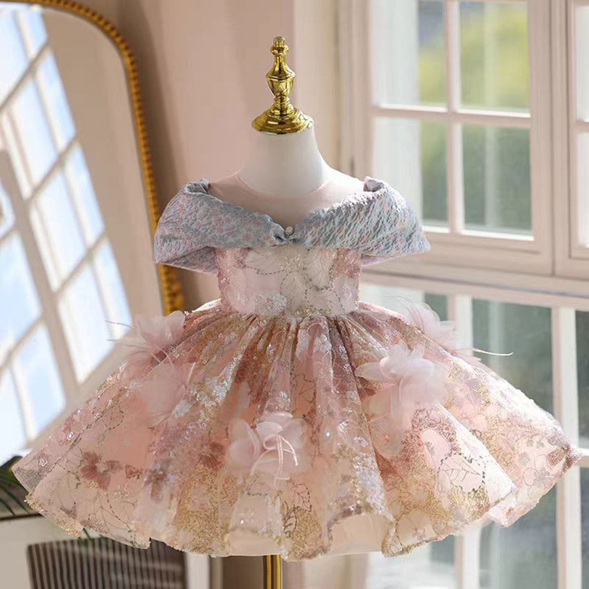 Adorable Sequined 3D Flowers Girl Dress Cap Sleeve J539