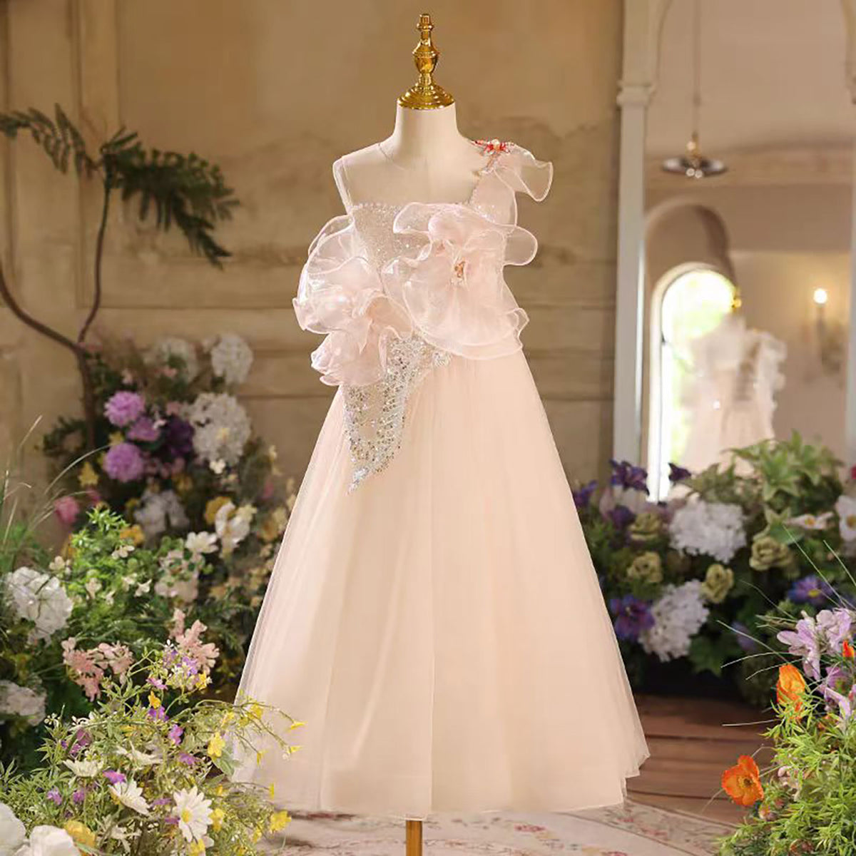 A-Line One Shoulder Tulle Flower Girl Dress Sleeveless D038