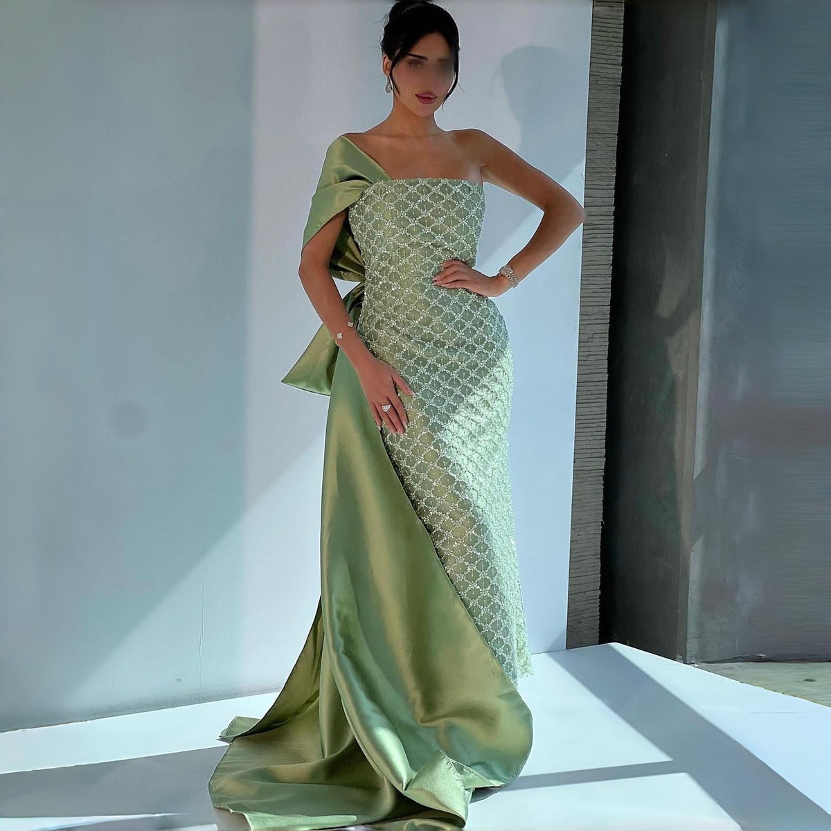 Sage Green One Shoulder Sheath Arabic Evening Dress SF047