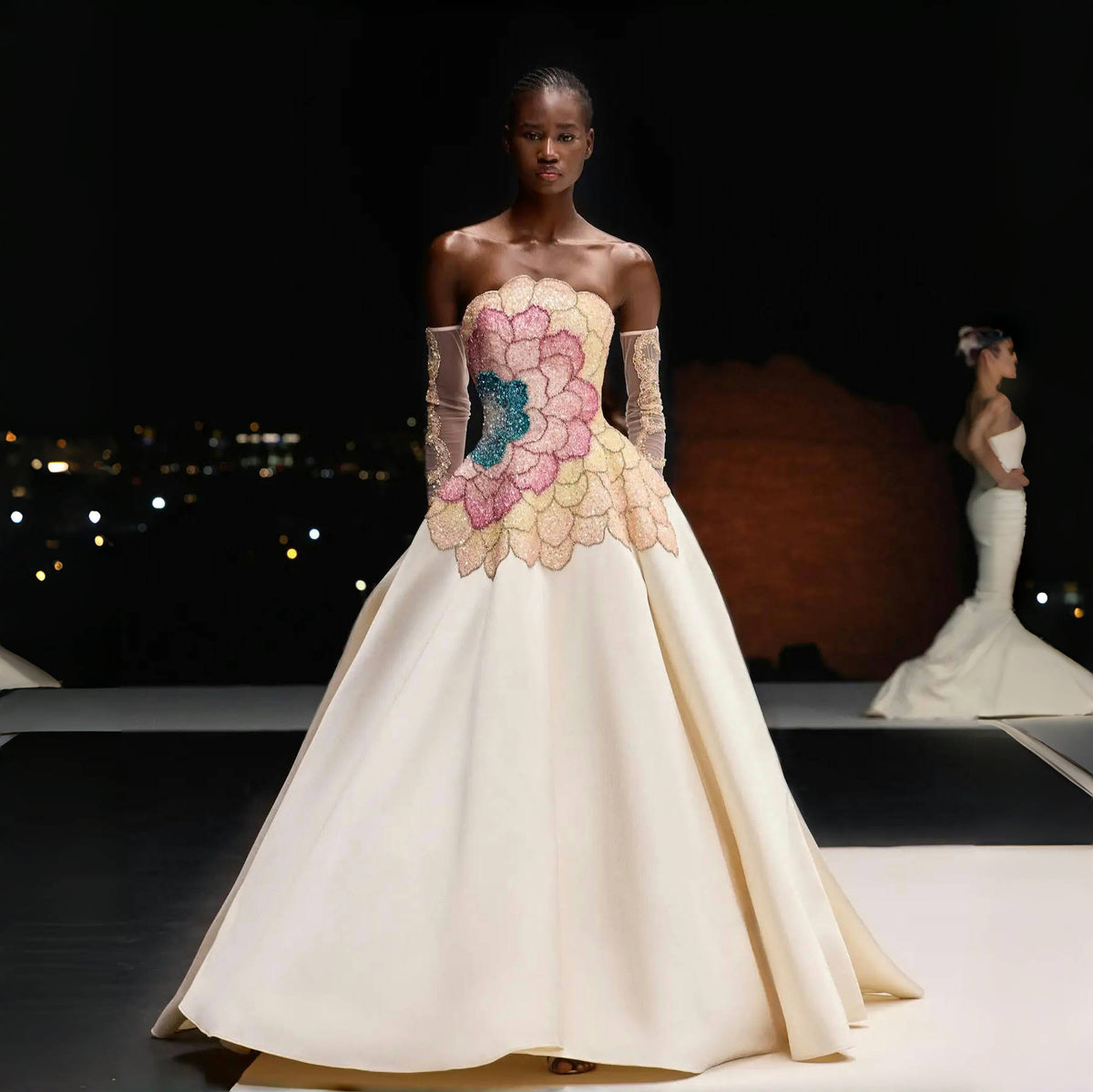 Beige Strapless Satin Evening Dress with Gloves SS513