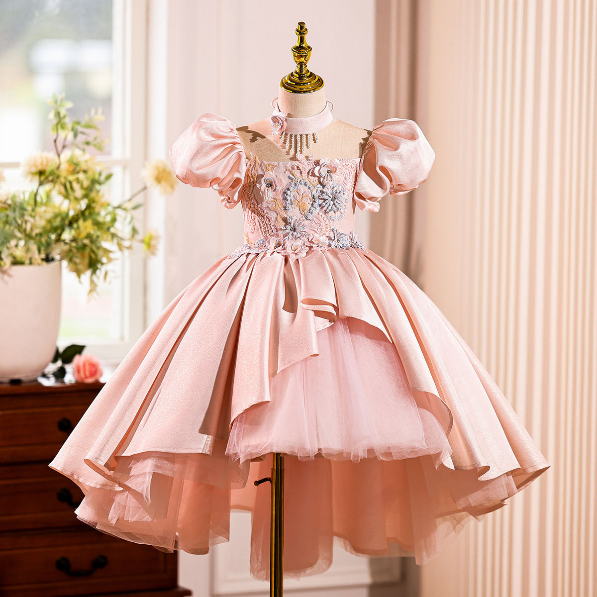 Chic Embroidered Tulle Pink Dubai Girl Dress With Scarf Satin J825