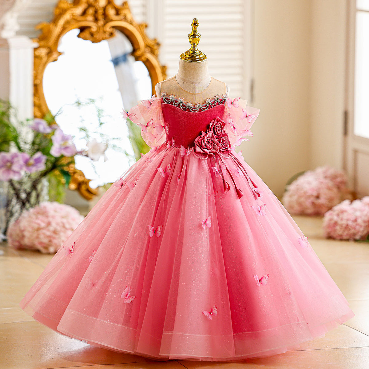 Butterfly Applique 3D Flowers Tulle Pink Girl Princess Dress J853