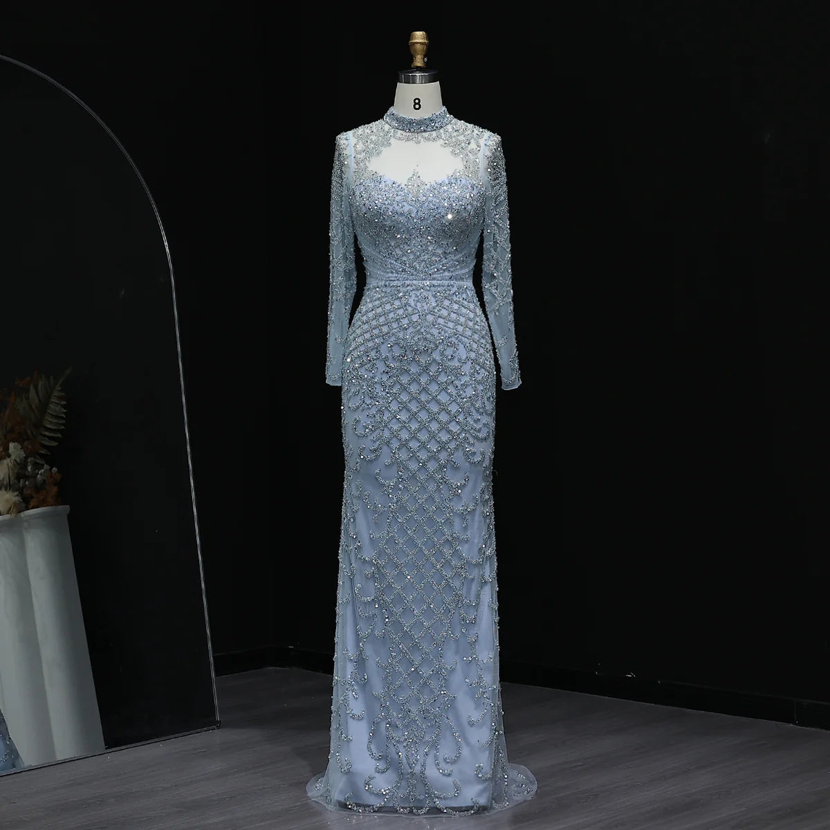 Luxurious Long-Sleeve Champagne Evening Dress Adorned With Heavy Beads SS097