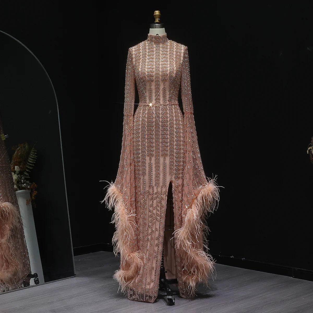 Elegant Rose Gold Evening Dress Featuring Feathered Cape Sleeves SS788