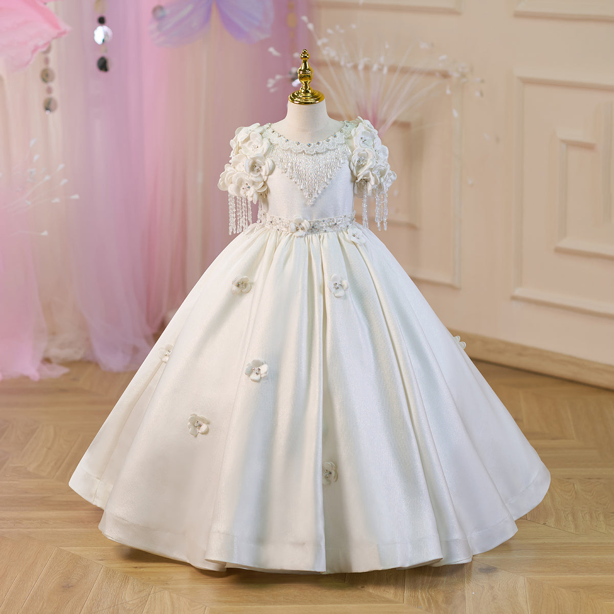 Appliqued Tassel Princess Girl Dress With Lace White J237