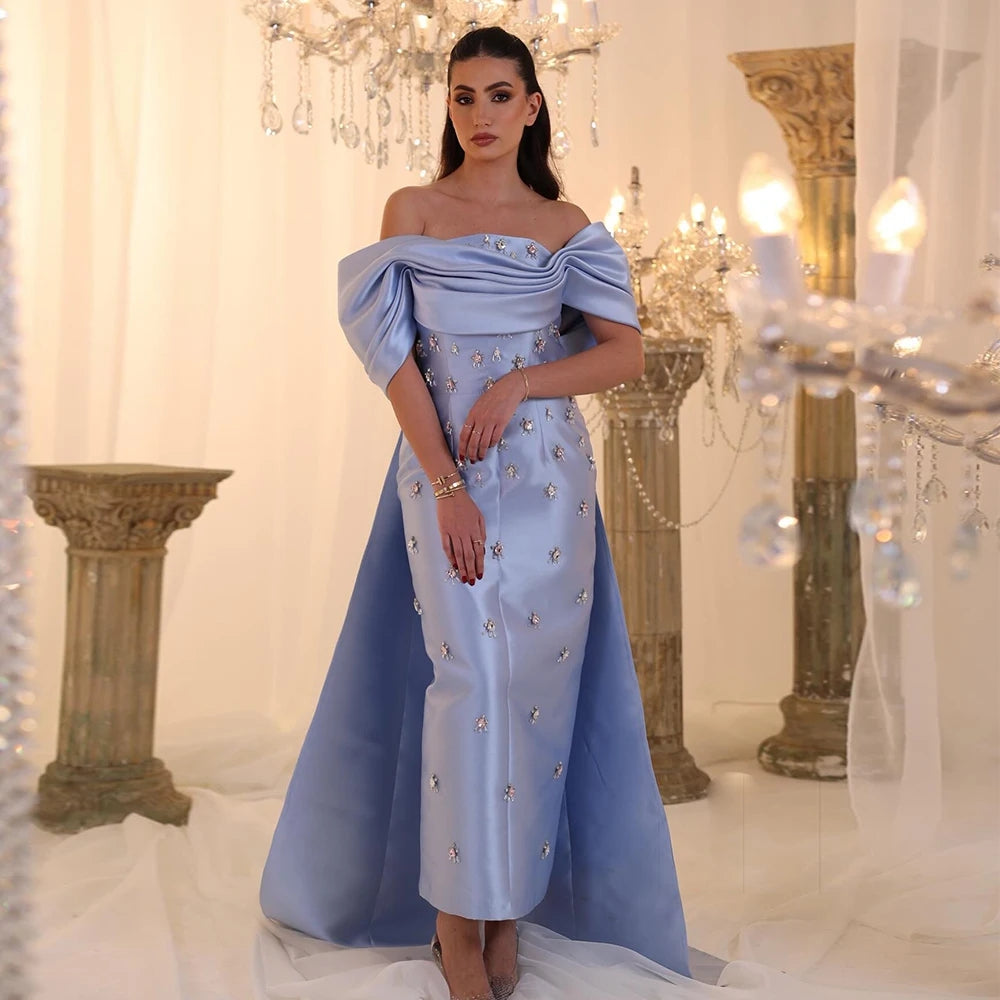 Elegant Off Shoulder Blue Satin Evening Dress with Overskirt Crystal White Midi SS270