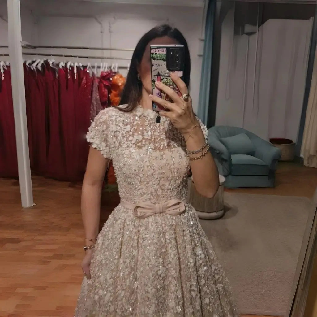 Peach Embroidered Gown with Bow Beaded Arabic Wedding Dress SS304