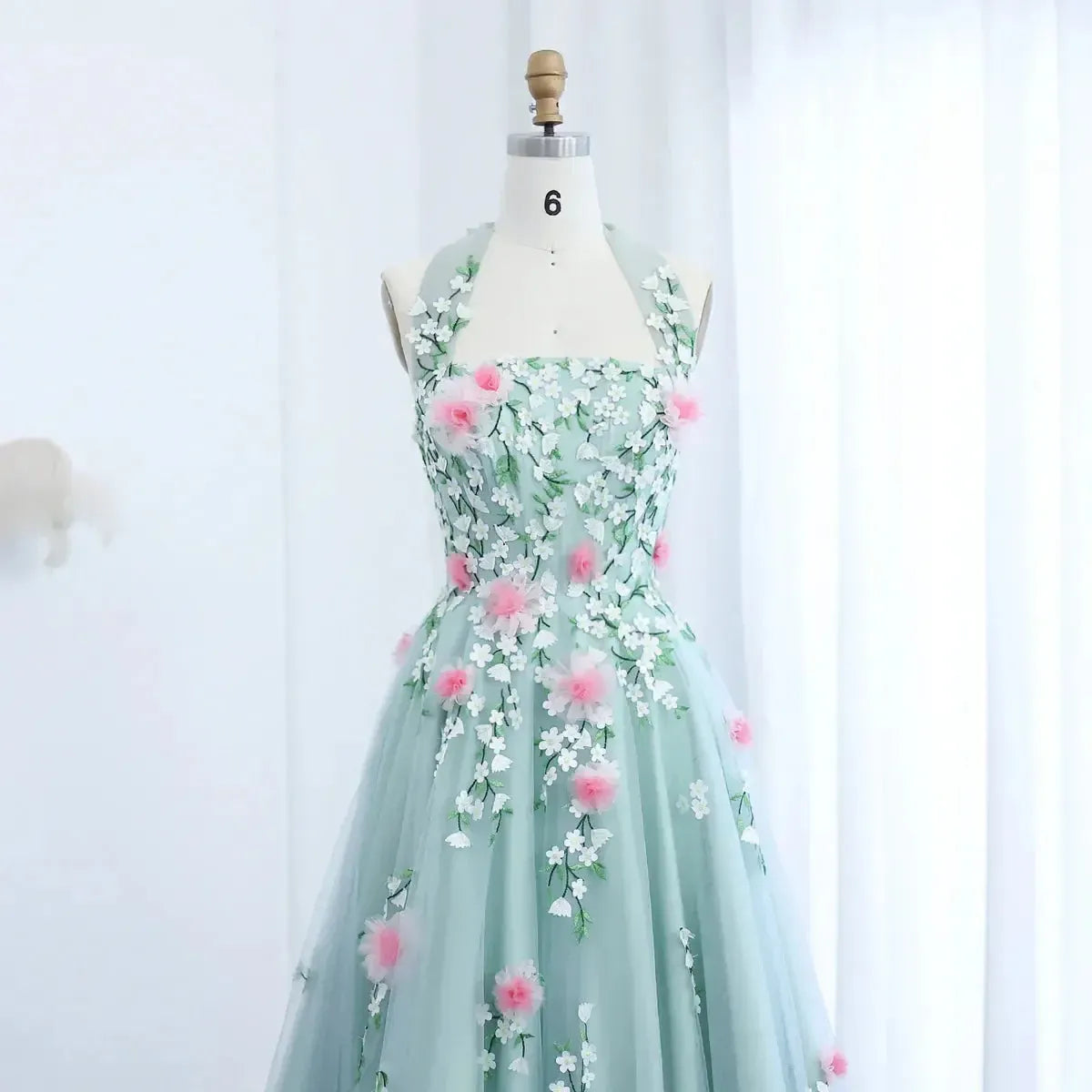Arab Chic 3D Flowers Halter Aqua Evening Dress SS219