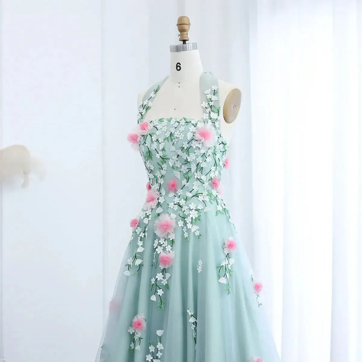 Arab Chic 3D Flowers Halter Aqua Evening Dress SS219