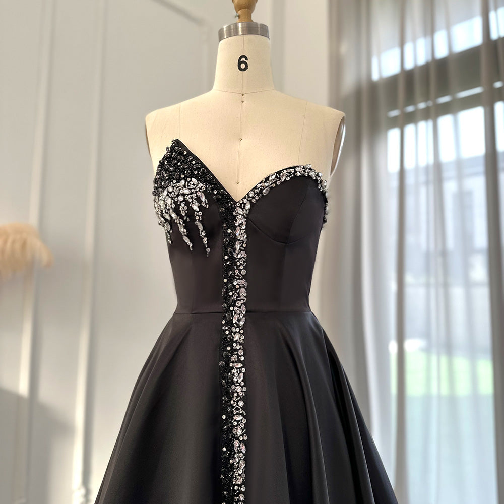 Arab Dubai Elegant Crystal Black Strapless Evening Dresses Side Slit SS364