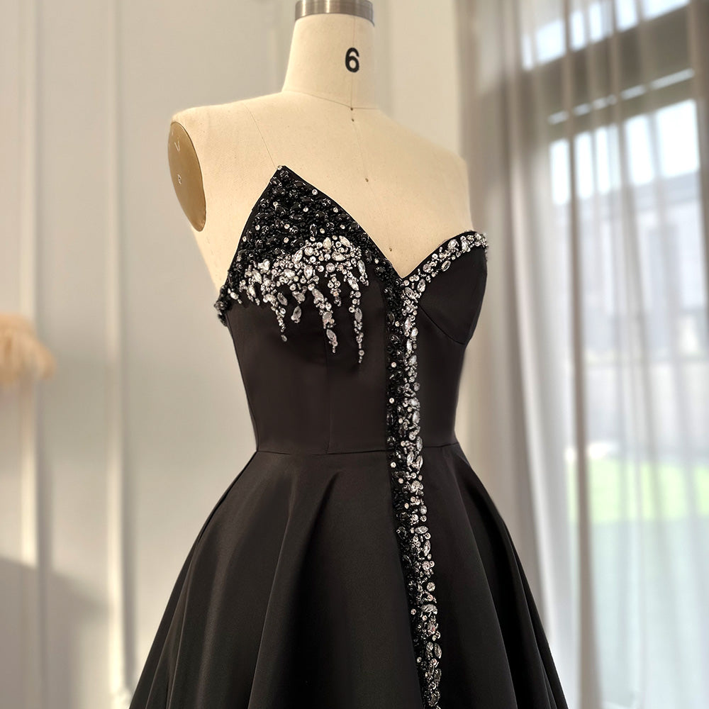Arab Dubai Elegant Crystal Black Strapless Evening Dresses Side Slit SS364
