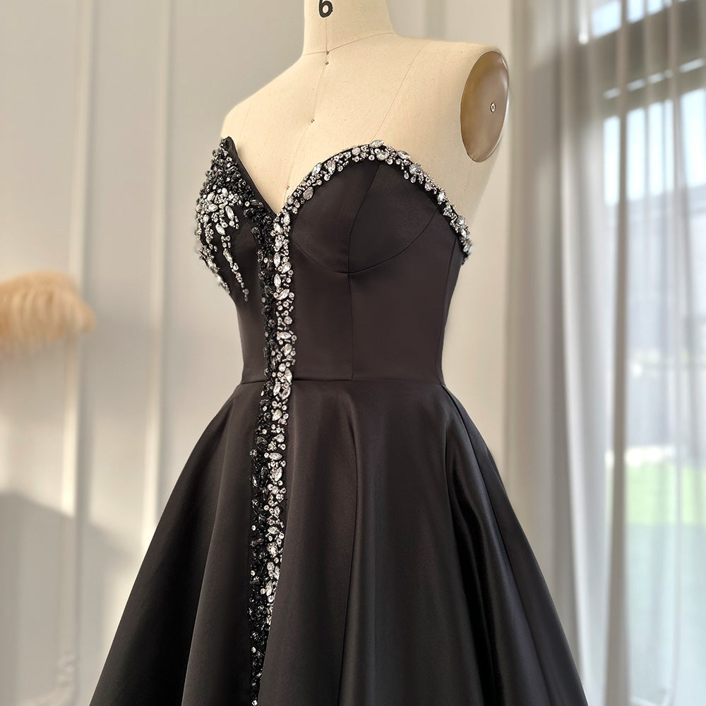 Arab Dubai Elegant Crystal Black Strapless Evening Dresses Side Slit SS364