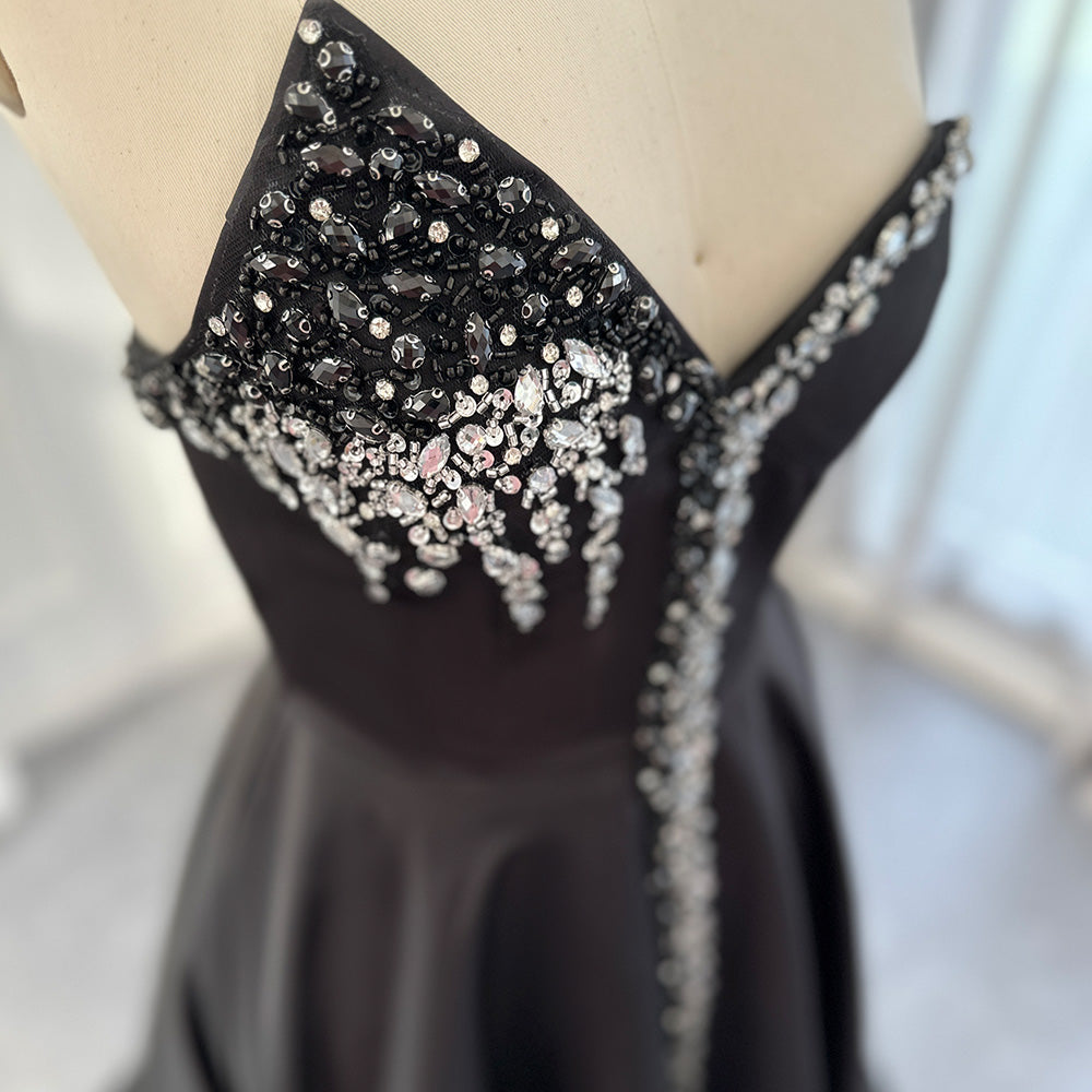 Arab Dubai Elegant Crystal Black Strapless Evening Dresses Side Slit SS364