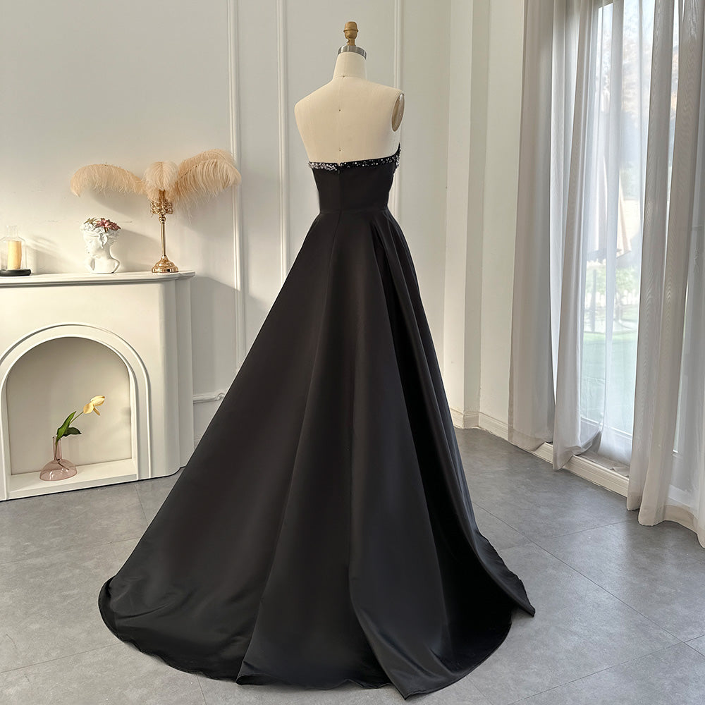 Arab Dubai Elegant Crystal Black Strapless Evening Dresses Side Slit SS364