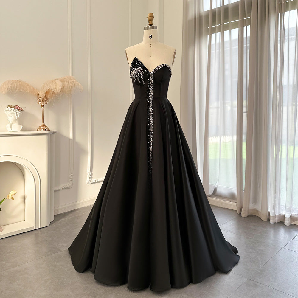 Arab Dubai Elegant Crystal Black Strapless Evening Dresses Side Slit SS364