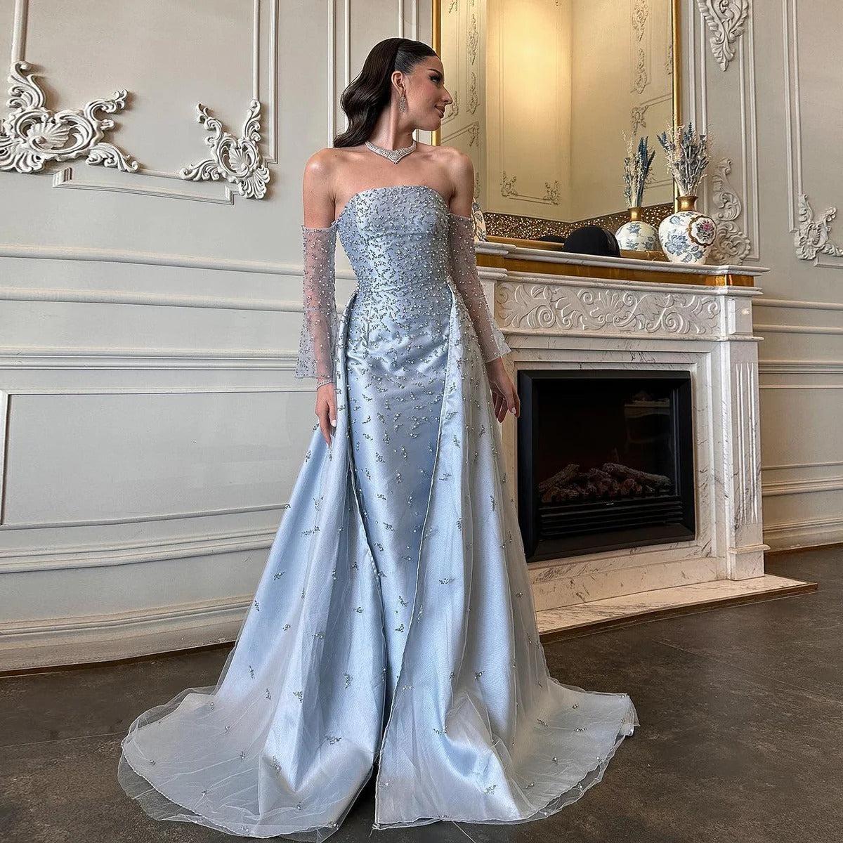 Arab Dubai Evening Dress Silver Gray Woman Wedding Party Prom Formal Gowns SS484