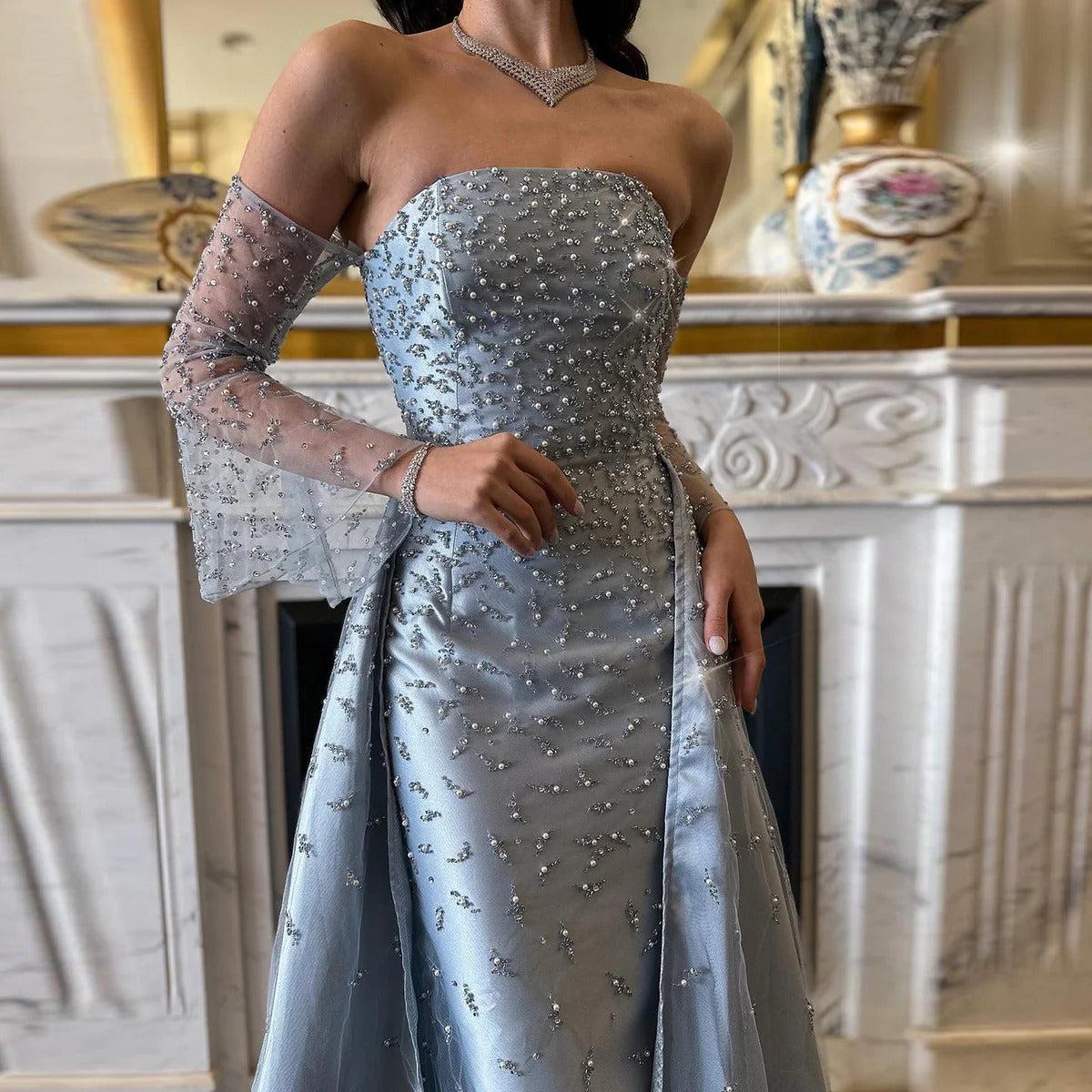 Arab Dubai Evening Dress Silver Gray Woman Wedding Party Prom Formal Gowns SS484