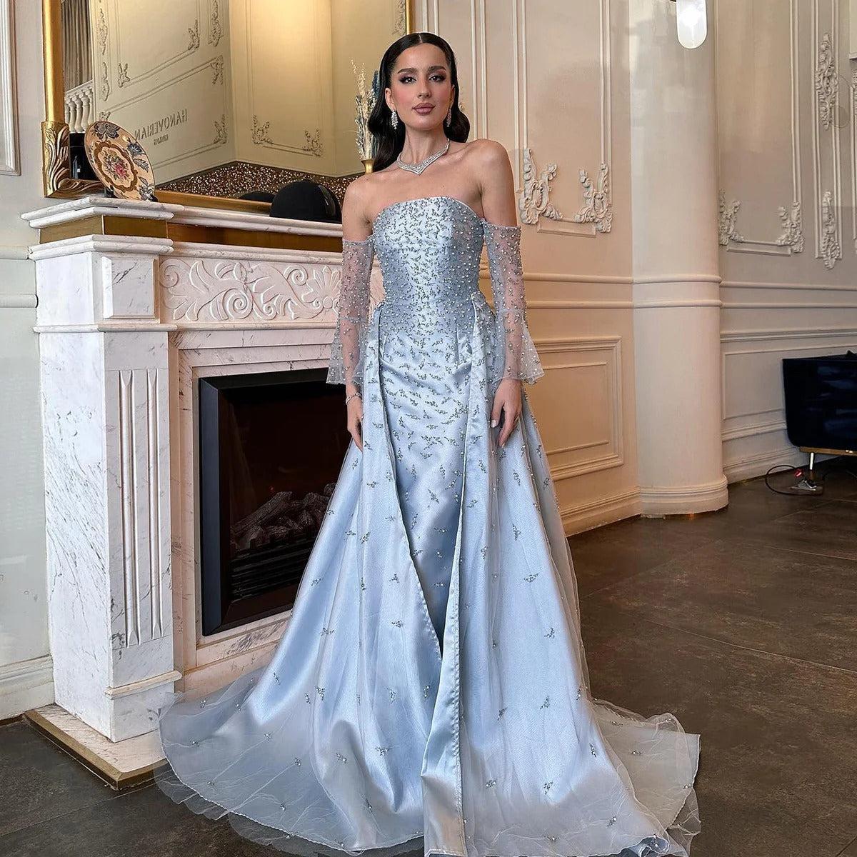 Arab Dubai Evening Dress Silver Gray Woman Wedding Party Prom Formal Gowns SS484