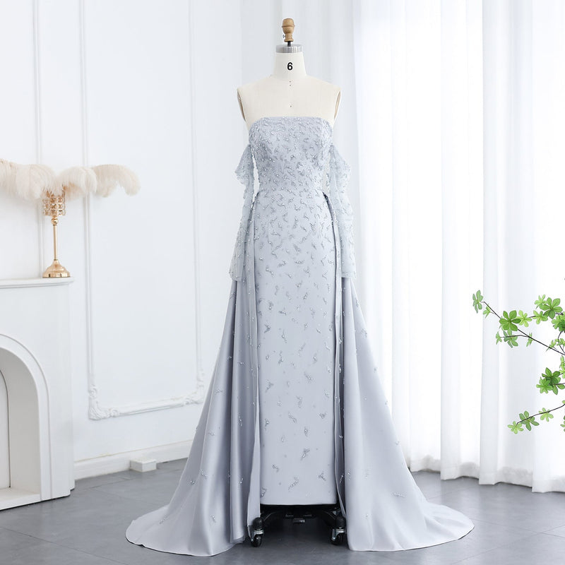 Arab Dubai Evening Dress Silver Gray Woman Wedding Party Prom Formal Gowns SS484