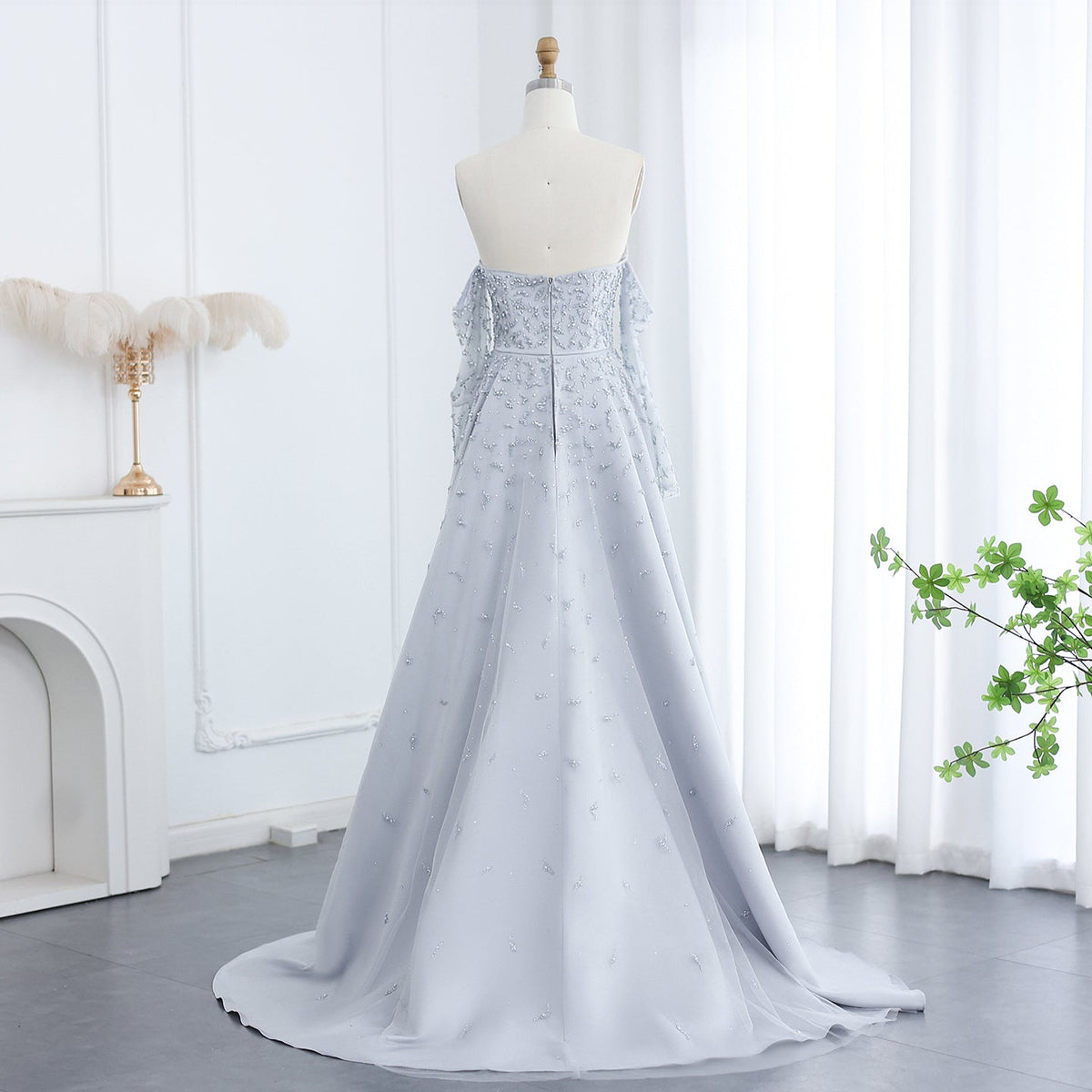 Arab Dubai Evening Dress Silver Gray Woman Wedding Party Prom Formal Gowns SS484