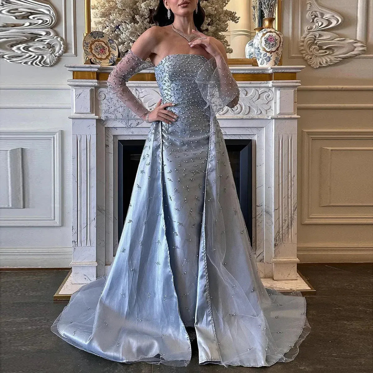 Arab Dubai Evening Dress Silver Gray Woman Wedding Party Prom Formal Gowns SS484