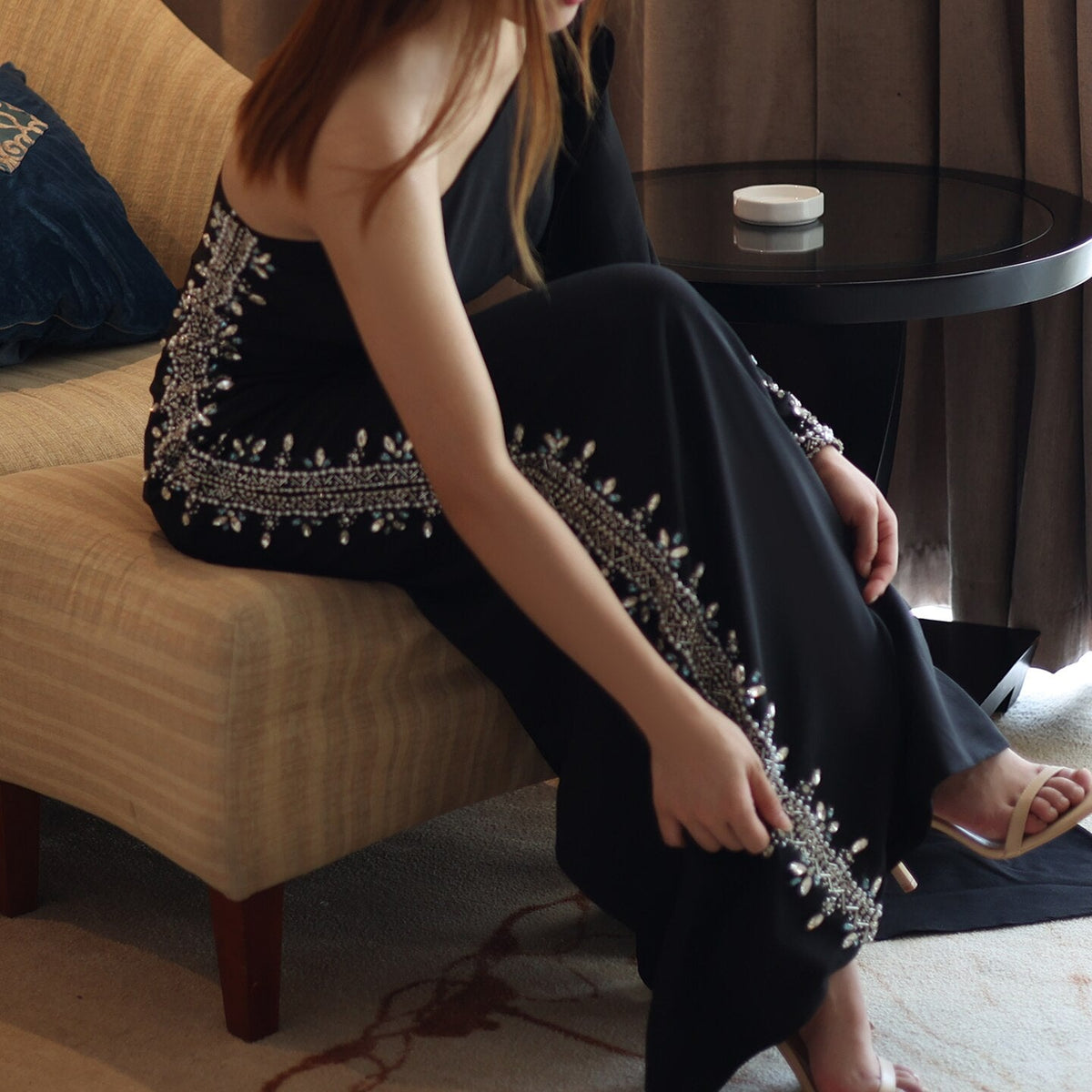 Arabic Black One Shoulder Mermaid Luxury Evening Dress with Cape Sleeve Elegant Dubai Women Wedding Party Gown SS389