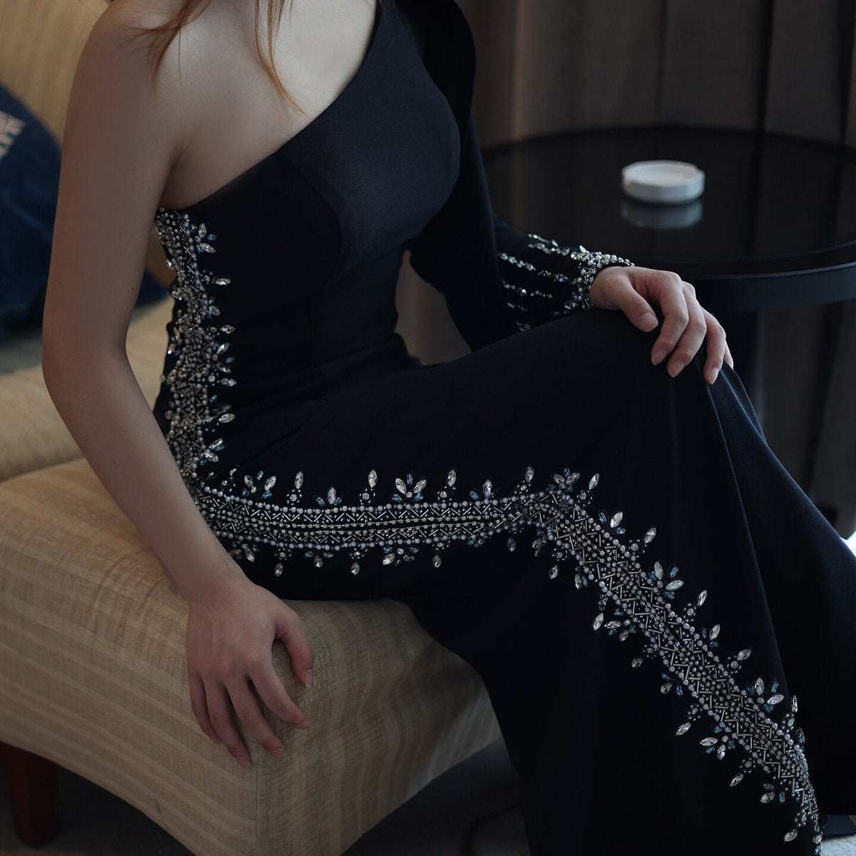 Arabic Black One Shoulder Mermaid Luxury Evening Dress with Cape Sleeve Elegant Dubai Women Wedding Party Gown SS389