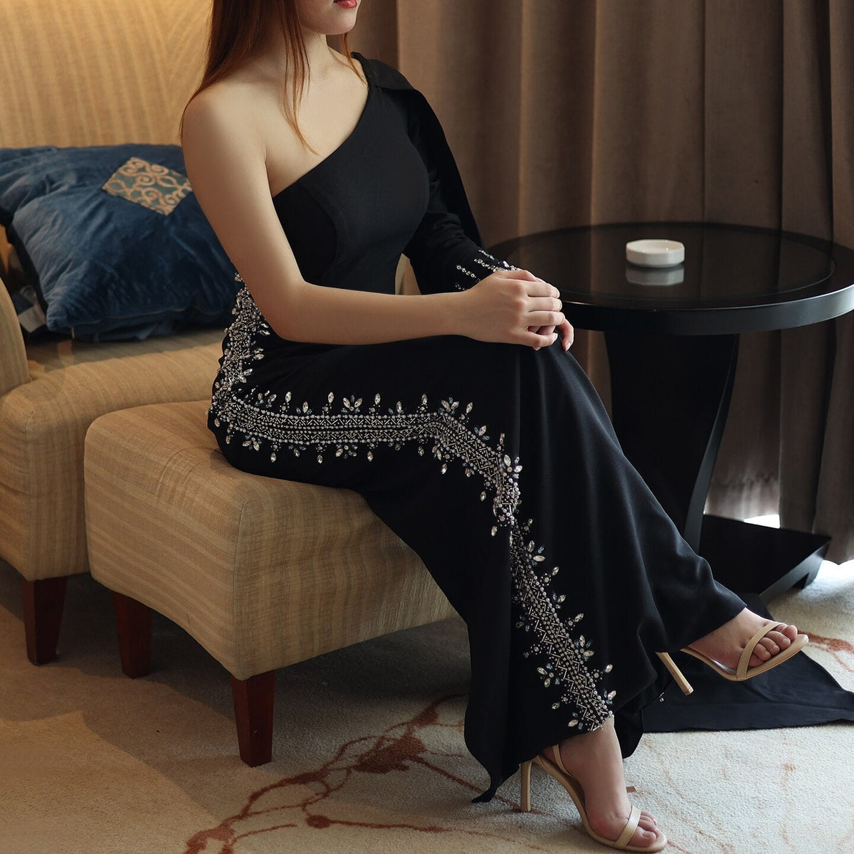 Arabic Black One Shoulder Mermaid Luxury Evening Dress with Cape Sleeve Elegant Dubai Women Wedding Party Gown SS389